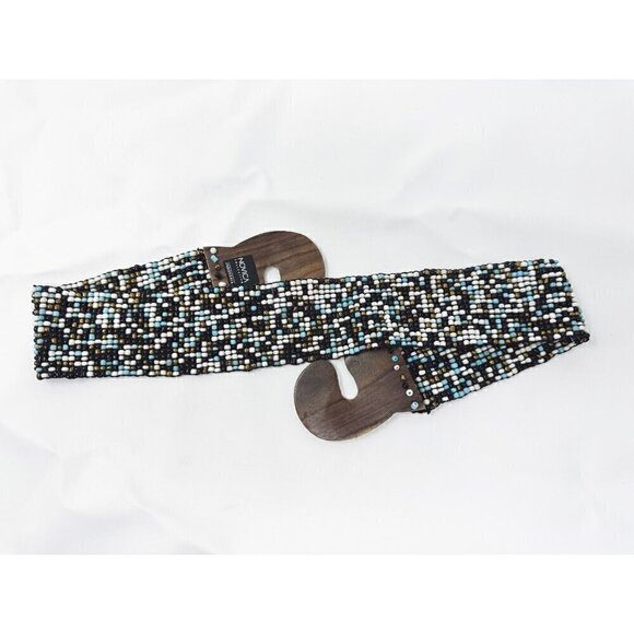 Novica Collection Indonesia Blue White Black Bronze Beaded Wooden Stretch Belt